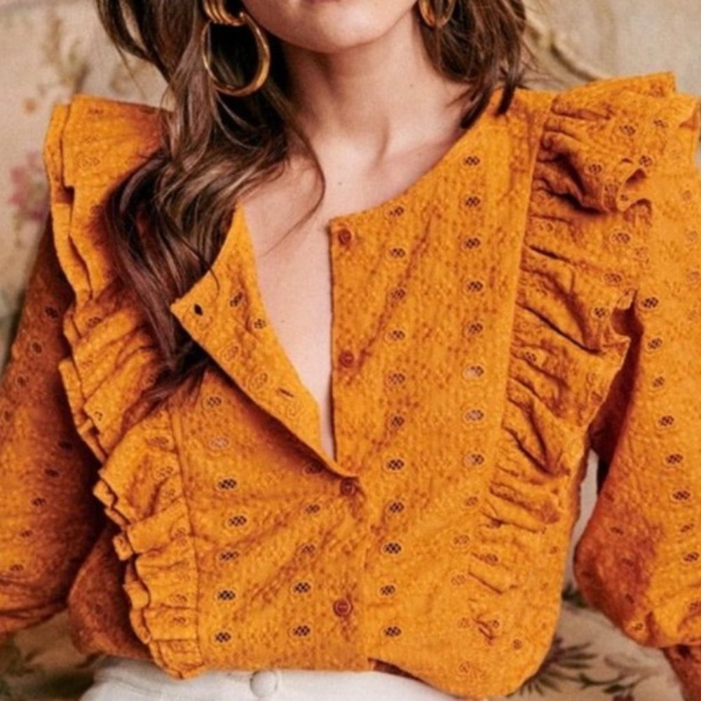 SOLD NWT Sézane Boby Blouse in Saffron Embroidered Eyelet Ruffle Top 34 US 2